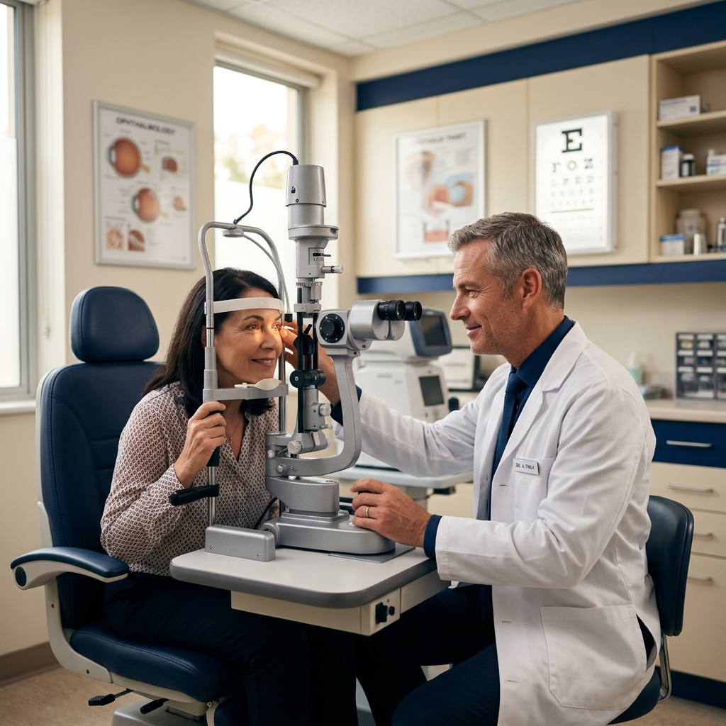 Ophthalmologist examining a patient's eye with professional equipment at Hillcrest Eye Care